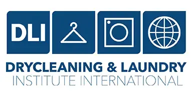 Logo of Drycleaning & Laundry Institute International with icons of a hanger, washing machine, and globe.