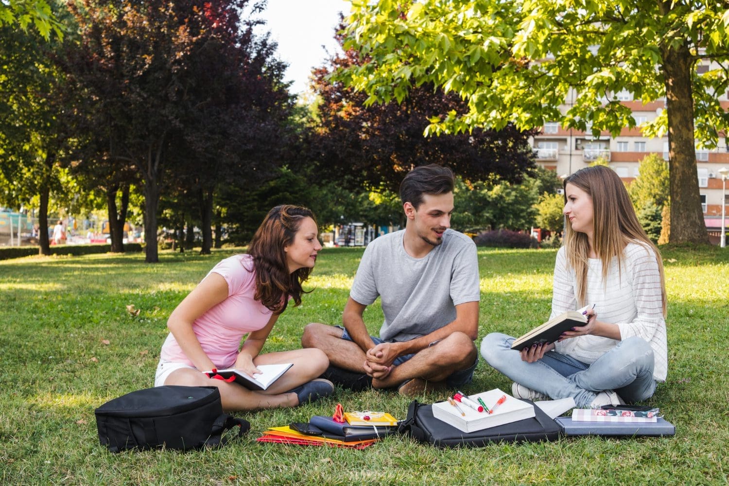 Three young adults sit on the grass outdoors, surrounded by notebooks and school supplies, engaged in conversation and studying together.