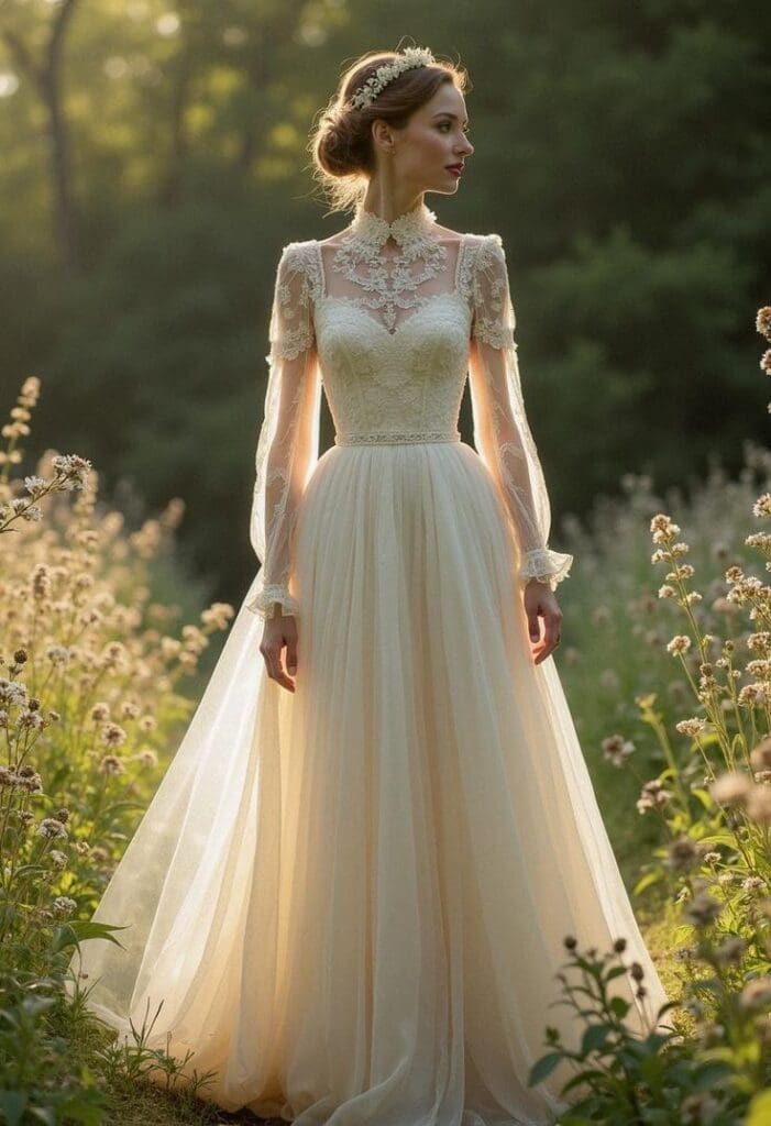 A woman in a long-sleeved, lace bridal gown stands in a sunlit meadow with tall grass and wildflowers, facing to the side—capturing a moment worth remembering with wedding dress preservation near me.